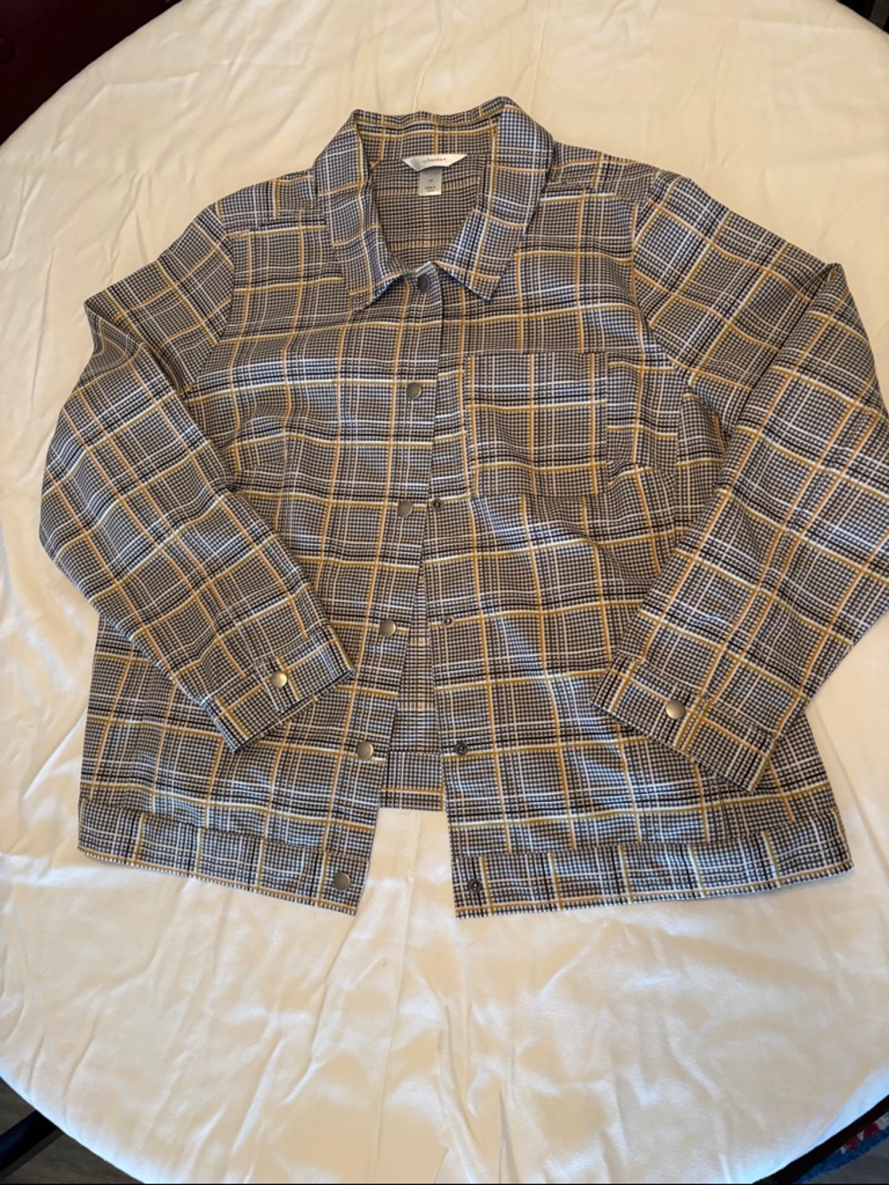 CJ Banks Blue and Tan Plaid Button-Down Shirt Jacket 1x